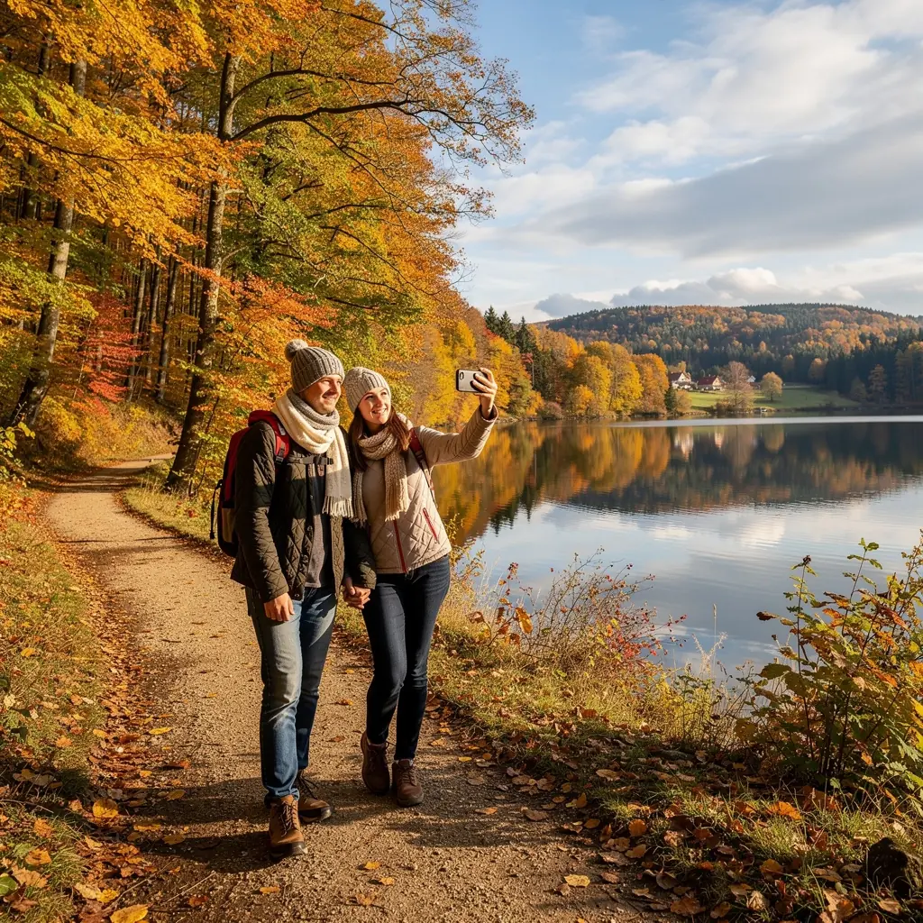 Turistická stezka vedoucí k vodopádu, obklopená zelení a květinami.