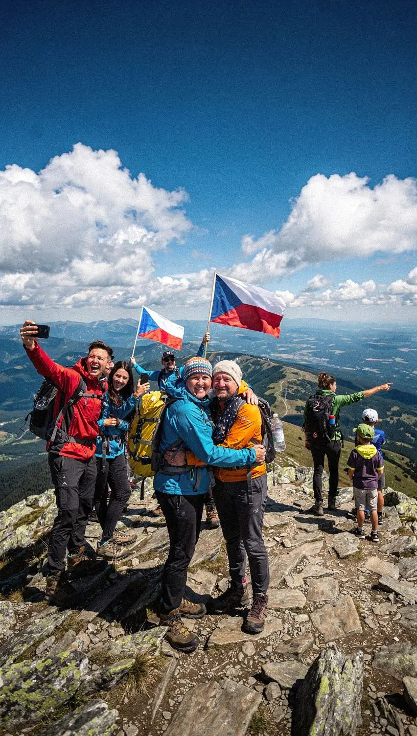 Zimní krajina Krkonoš s lyžaři sjíždějícími svahy.